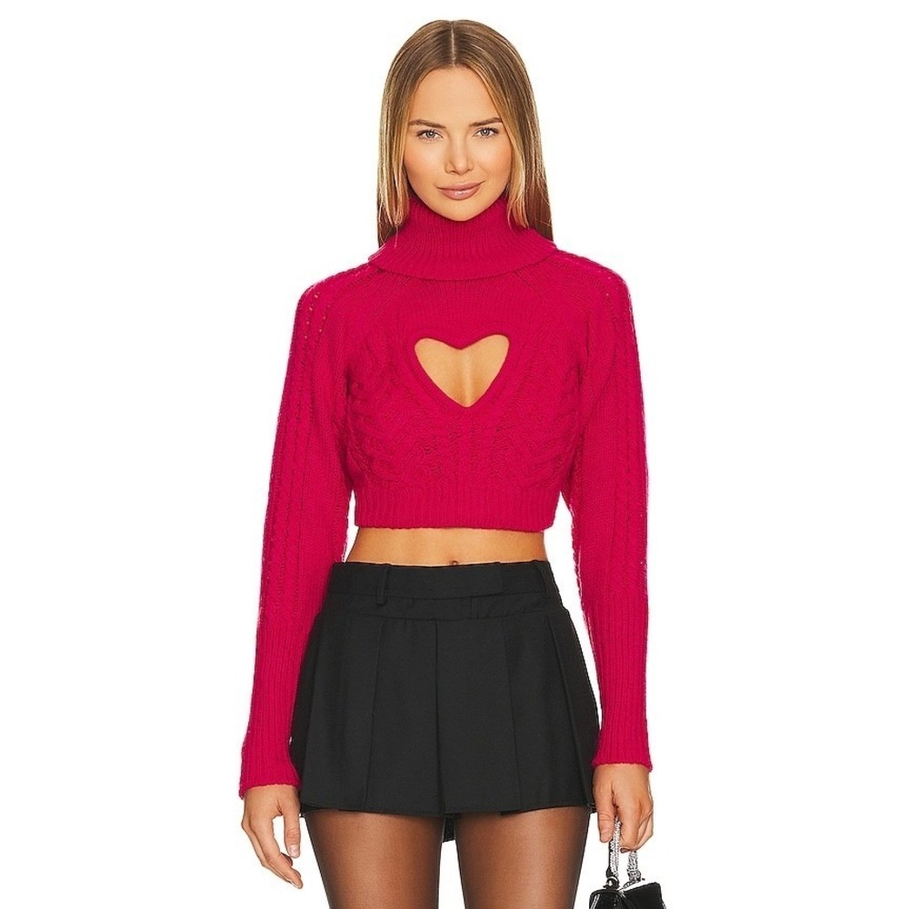For Love & Lemons Vera Cropped Turtleneck Sweater Pink Heart Cutout XS NEW - Picture 2 of 7